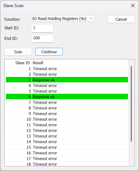 Modbus slave scan